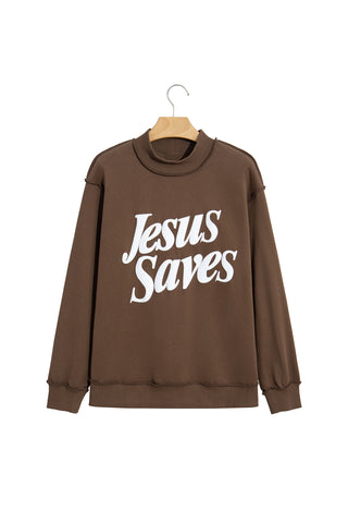 Fiery Red Jesus Saves Slogan Print Stand Neck Baggy Sweatshirt