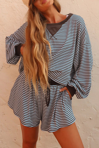 Blue Stripe Oversized Long Sleeve Top Drawstring Loose Shorts 2pcs Set