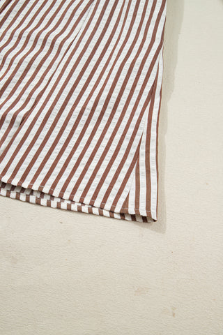 Brown Stripe Knot Waist Puff Sleeve Button Down Mini Shirt Dress