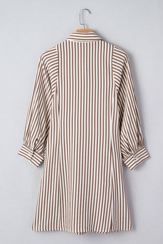 Brown Stripe Knot Waist Puff Sleeve Button Down Mini Shirt Dress