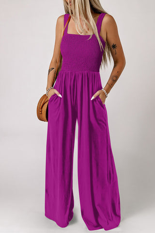 Rose Red Smocked Square Neck Sleeveless Jumpsuit with Pockets