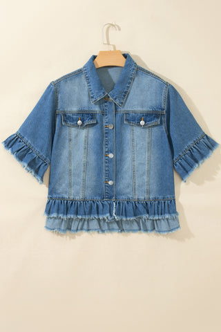 Blue Ruffle Hem Raw Edge Half Sleeve Western Denim Jacket