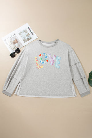 Light Grey Long Sleeve Patch Embroidery Tunic Plus Size Blouse