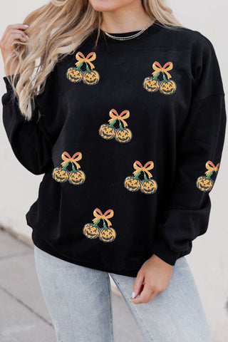 Black Halloween Sequin Pumpkin Graphic Relaxed Pullover Sweatshirt