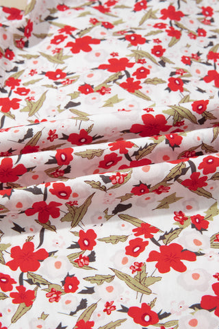 Red Floral Print Short Puff Sleeve Button Front Shirt
