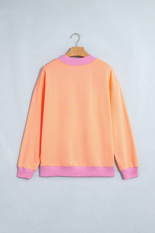 Grapefruit Orange Colorblock Trim Crewneck Long Sleeve Pullover Sweatshirt