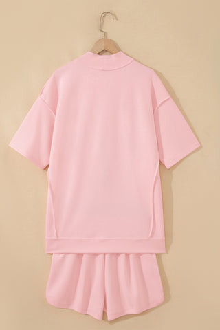Yellow Cream Solid Color Exposed Seam Mock Neck Oversize Tee Casual Shorts 2pcs Outfit