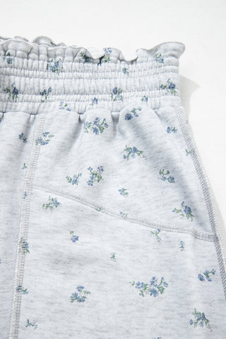 Gray Floral Print Elastic Waist Regular Fit Pants