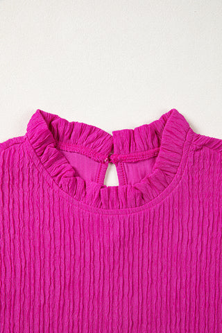 Rose Red Solid Color Textured Ruffle Trim Short Sleeve Blouse