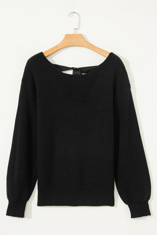 Black Ribbed Knit Ribbon Knot Backless Drop Shoulder Sweater
