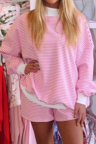 Green Stripe Oversize Mock Neck Sweatshirt and Shorts Set