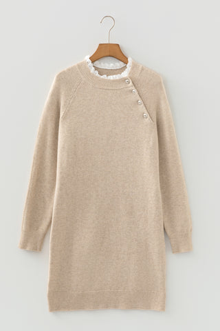 Parchment Button Lace Detail Raglan Sleeve Shift Mini Sweater Dress