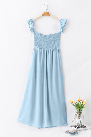 Sky Blue Off Shoulder Ruched Bust Sheer Slit Maxi Dress