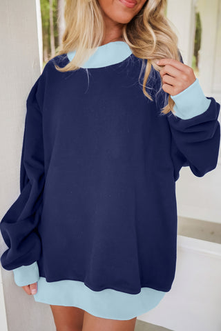 Grapefruit Orange Colorblock Trim Crewneck Long Sleeve Pullover Sweatshirt