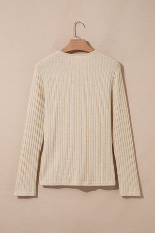 Apricot Solid Color Ribbed Knit Cowl Neck Long Sleeve Top