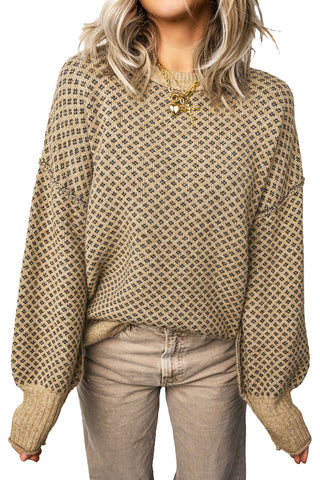 Khaki Geometric Print Drop Shoulder Round Neck Long Sleeve Sweater