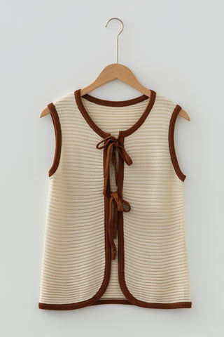 White Horizontal Ribbed Knit Contrast Trim Ties Front Sweater Vest