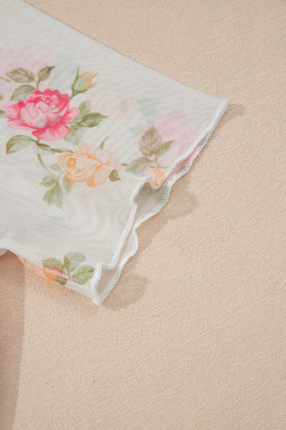 Beige Floral Print Mock Neck Short Sleeve Mesh Top