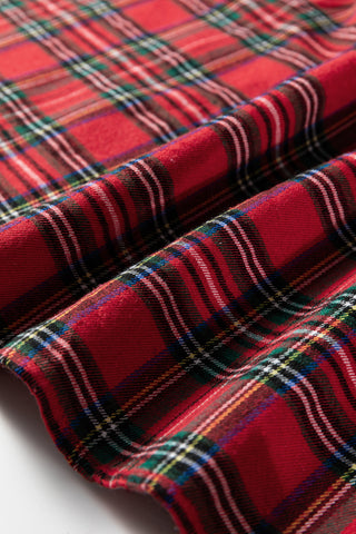 Red Festive Plaid Pearl Embellished Ruffle Short Sleeve Blouse