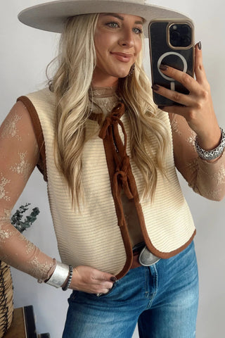White Horizontal Ribbed Knit Contrast Trim Ties Front Sweater Vest
