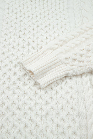 Beige Solid Color Cable Detail Knit Loose Round Neck Sweater