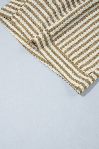 Brown Stripe Textured Knit Long Sleeve Top Elastic Waist Shorts Casual Outfit