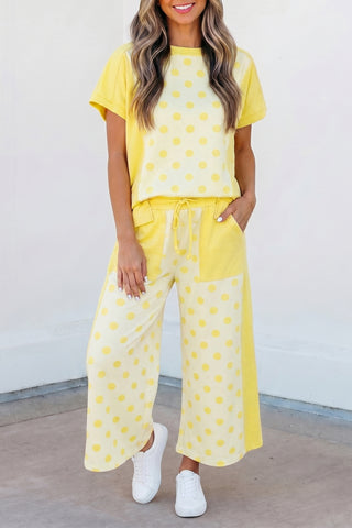 Green Color Block Patchwork Polka Dot Wide Leg Pant Set
