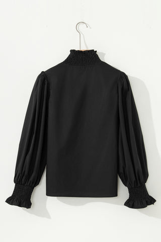Black Puffy Flounce Sleeve Leopard Trim V Neck Blouse