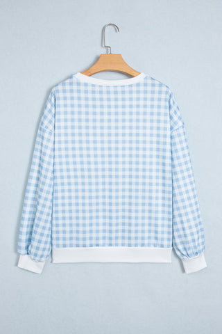 Light Blue Plaid Round Neck Long Sleeve Sweatshirt