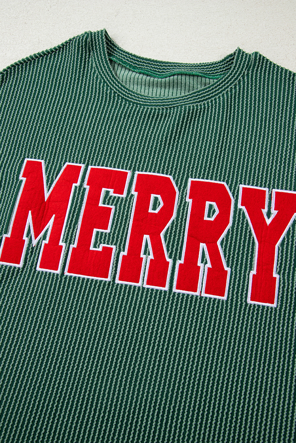 Blackish Green Twisted Rib Outlined Merry Letter Graphic Loose Long Sleeve Top