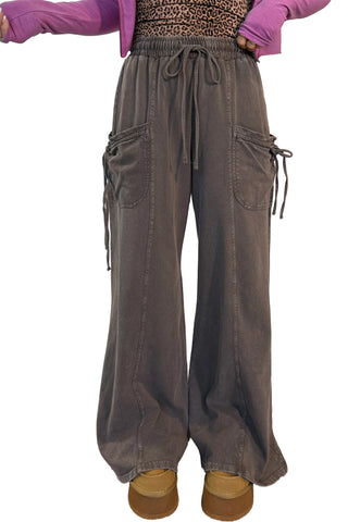 Dark Brown Cotton Mineral Wash Elastic Waist Drawstring Tie Detail Cargo Pants