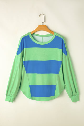 Light Green Colorblock Striped Drop Shoulder Loose Top
