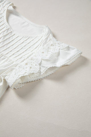 White Lace Detail Flutter Sleeve Pleated Round Neck Blouse