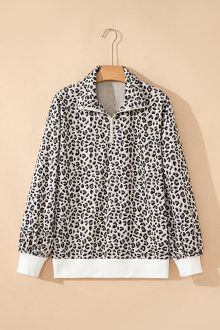 Brown Leopard Print Quarter Zip Corduroy Sweatshirt
