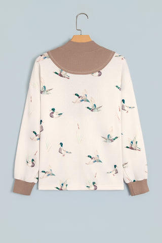 Beige Wild Mallard Print Color Block Patchwork Zip Neck Tunic Top