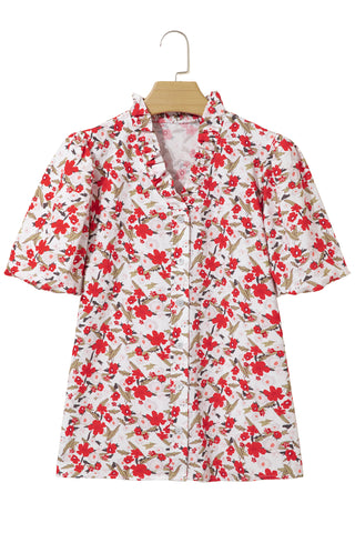 Red Floral Print Short Puff Sleeve Button Front Shirt