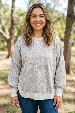 Khaki Camouflage Print Round Neck Long Sleeve Shift Plus Size Sweatshirt