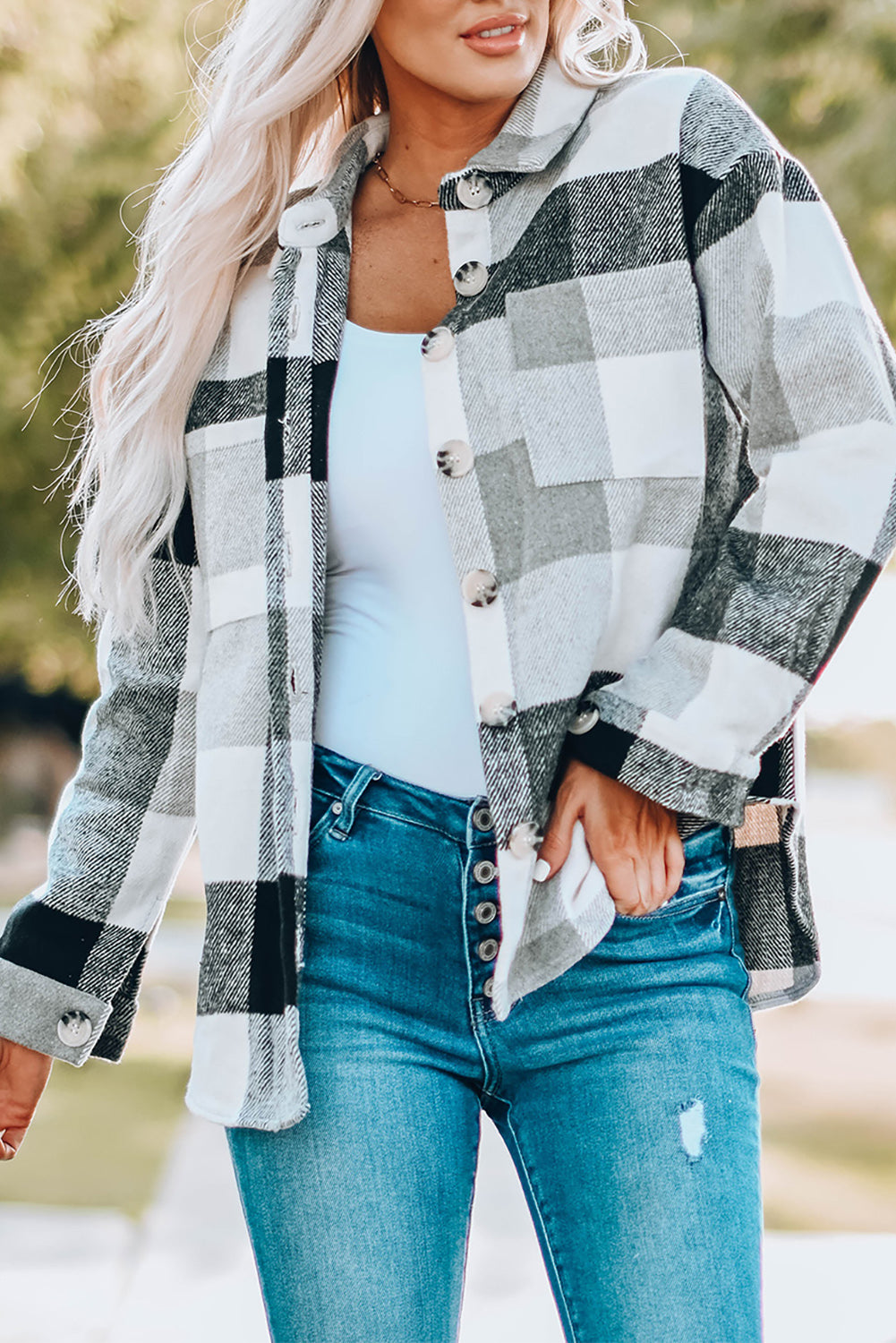 Purple Plaid Color Block Buttoned Long Sleeve Jacket with Pocket