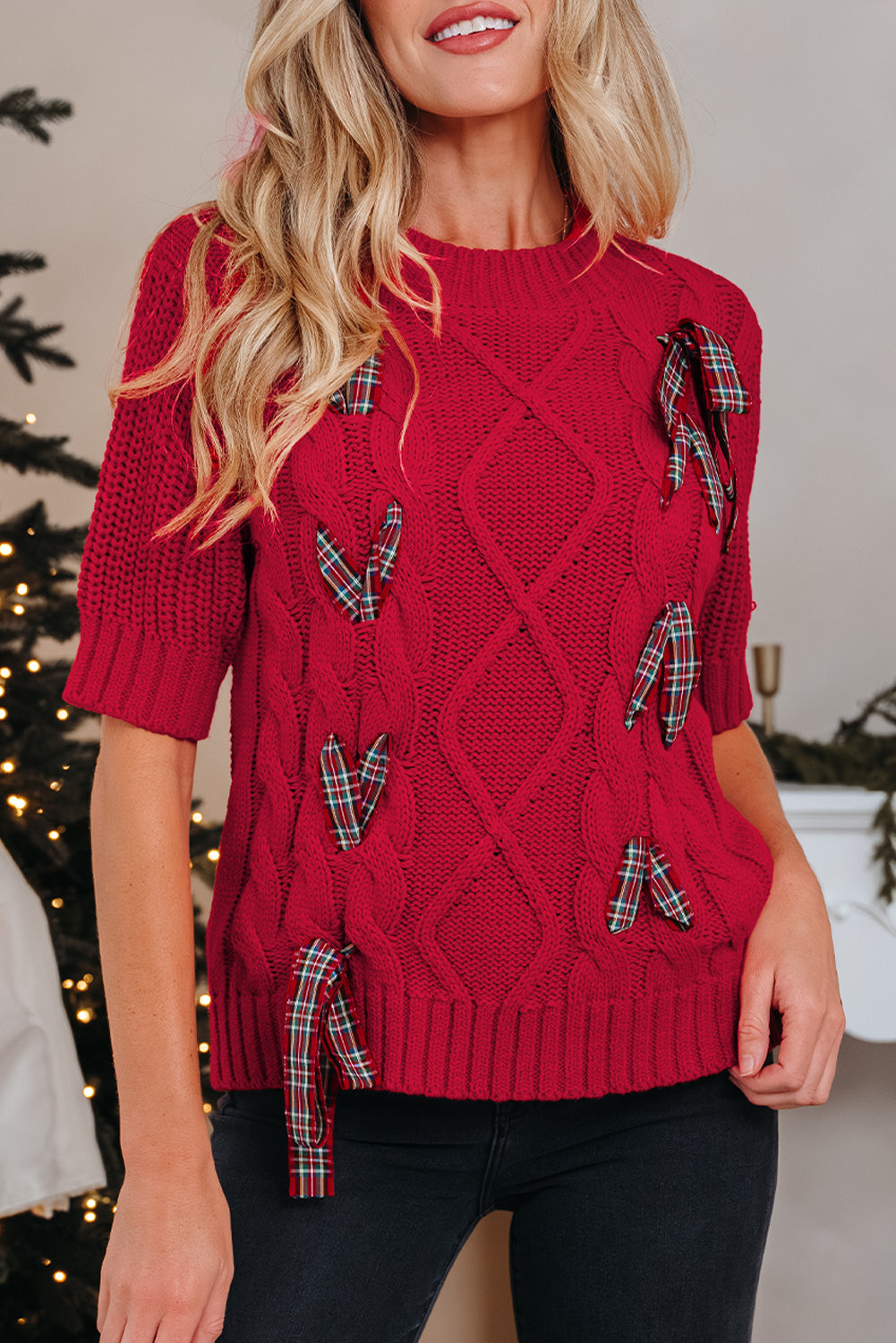 Black Plaid Lace up Detail Christmas Holiday Puff Short Sleeve Sweater