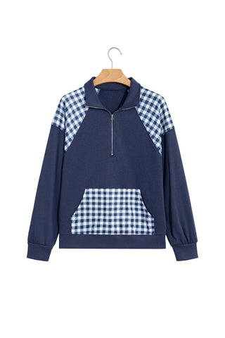 Navy Blue Patchwork Plaid Pocket Quarter Zip Sweatshirt