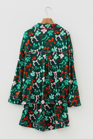 Green Festive Bow Print Long Sleeve Shirt and Pajama Short Set