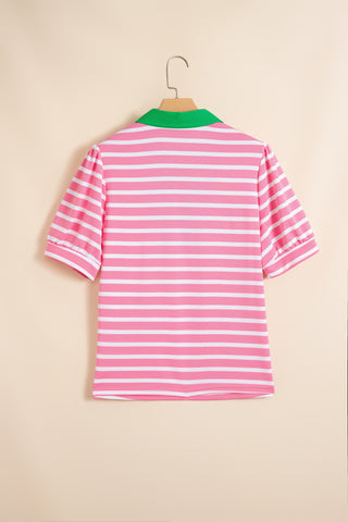 Black Stripe Short Puff Sleeve Color Block Polo Collar Blouse