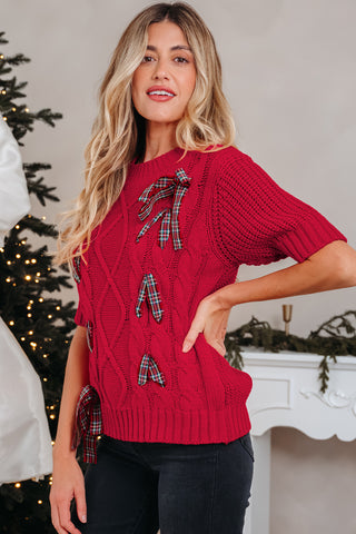 Black Plaid Lace up Detail Christmas Holiday Puff Short Sleeve Sweater