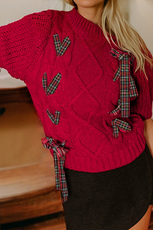 Black Plaid Lace up Detail Christmas Holiday Puff Short Sleeve Sweater
