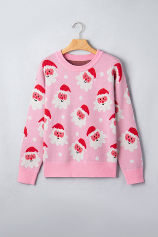 Pink Cartoon Santa Pattern Round Neck Dropped Shoulder Sweater