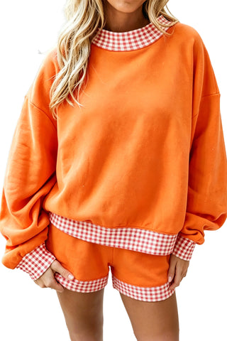 Fiery Red Gingham Trim Baggy Pullover 2pcs Short Set