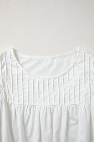 White Lace Detail Flutter Sleeve Pleated Round Neck Blouse