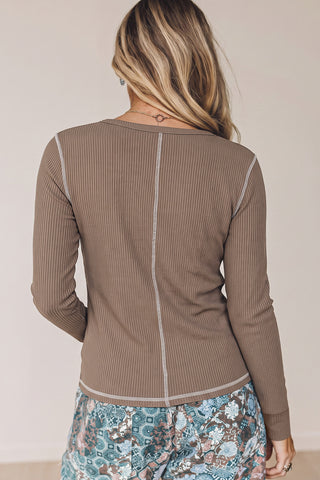 Dark Khaki V Neck Ribbed Stitched Detail Long Sleeve Top