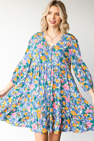 Boho Vibes Cotton Floral Button Down 3/4 Sleeve Tiered Dress