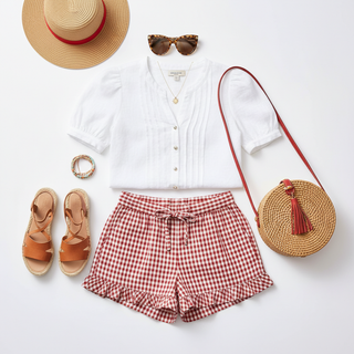 Red gingham shorts and button blouse summer outfit flat lay